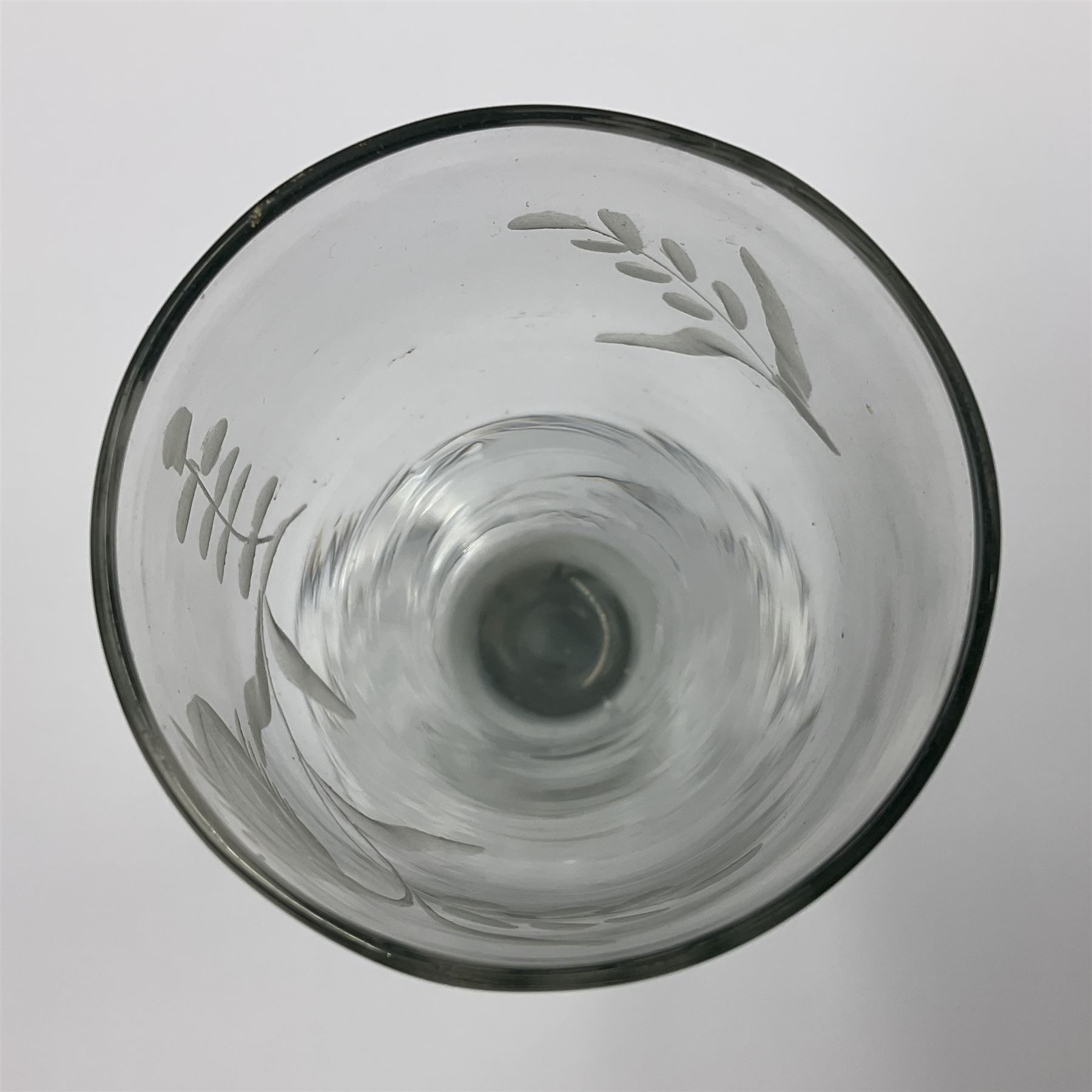 Pair of 18th century Jacobite style wine glasses, the ogee shaped bowls engraved with a single rose and sprig, plain stems upon conical folded feet H13cm
