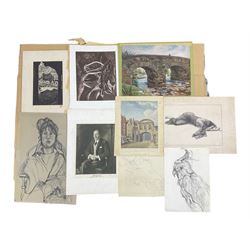 Portfolio of unframed sketches and prints, including Oswald Birley photogravure signed in pencil, Parisian woodblock print indistinctly signed Lemoine?, charcoal nude studies, 'Temple Bar' hand-coloured engraving, etc (qty)