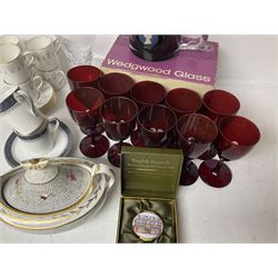Twin handled sucrier with cover, in the manner of Thomas Grainger for Royal Worcester, together with Wedgwood Medina pattern coffee cans and saucers, a set of ten ruby glasses and a Wedgwood cameo glass tankard etc