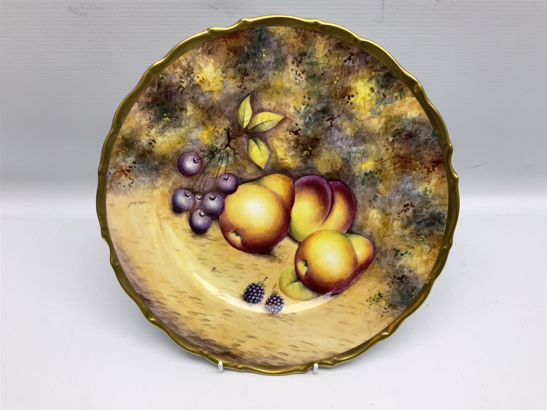 Aynsley Orchard gold pattern trio and vase, together with Edwardian Bone China plate, decorated with fruit, signed D. Wilson