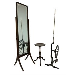 Early 20th century mahogany framed cheval mirror, fitted with bevelled mirror plate (H153cm); 19th century treadle; and a Georgian design wine table (H51cm) (3)