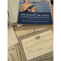 Collection of mostly Royal ephemera and commemorative memorabilia, including souvenir programmes, Royal Pedigrees, postcards, and newspaper reprints, etc, contained within a folder