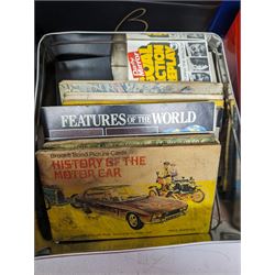Large quantity of cigarette/tea cards, some loose and in albums, including Carreras, Bond, etc, contained within six tins, together with a Cricket How to Play book