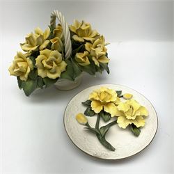 Franklin Mint The Yellow Roses of Capodimonte collectors plate, together with a Italian floral encrusted ornament modelled as a basket of yellow roses