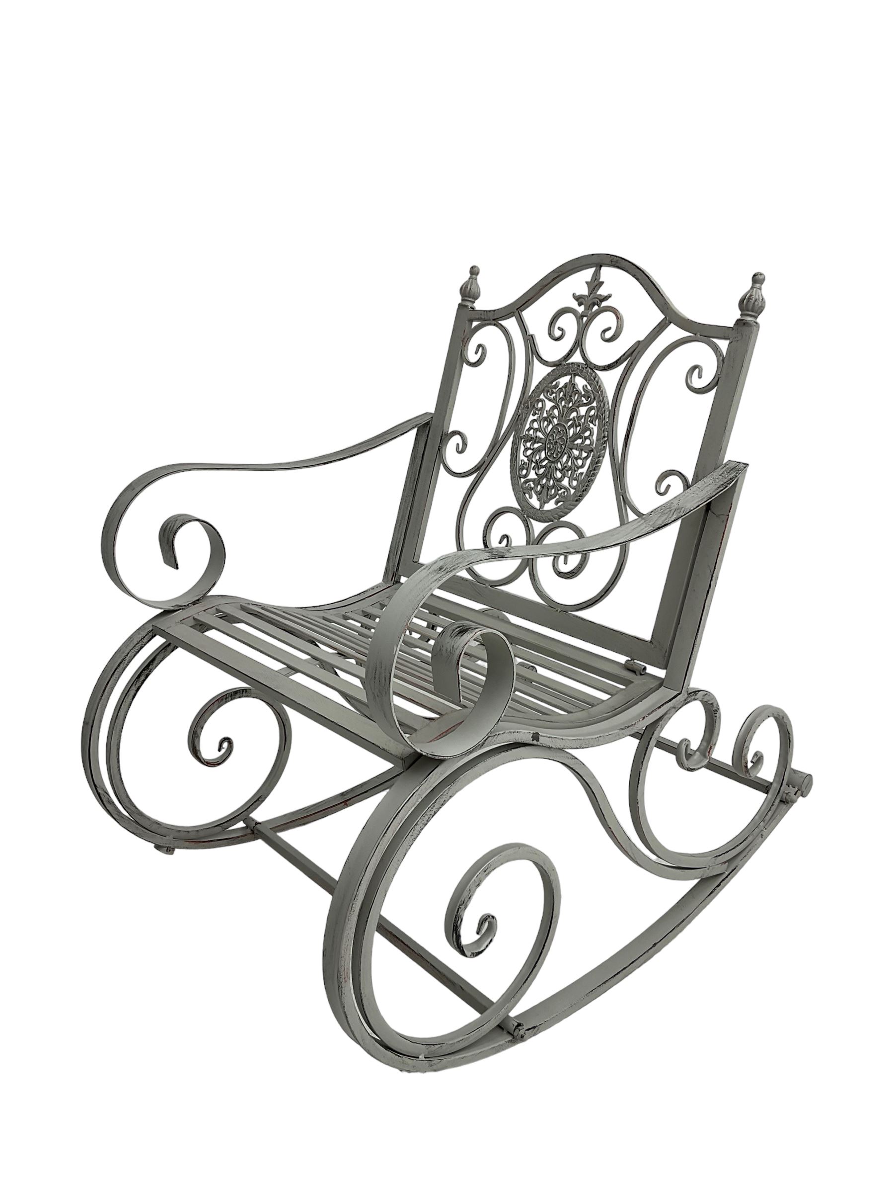 Regency design wrought metal rocking garden bench armchair, pierced back with scroll design and central foliate medallion over strap seat, with C-scroll arms and supports, in antique grey finish