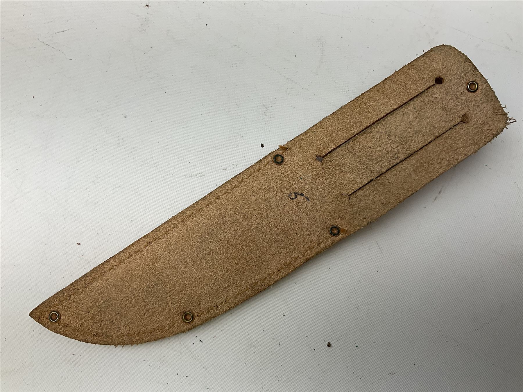 Graduated set of three Bowie knives by J. Nowill & Sons Sheffield England Est. AD1700, each with steel blade, brass cross-piece, stacked leather type grip and alloy pommel; largest blade 13cm and smallest 7.5cm; each in leather sheath (3)