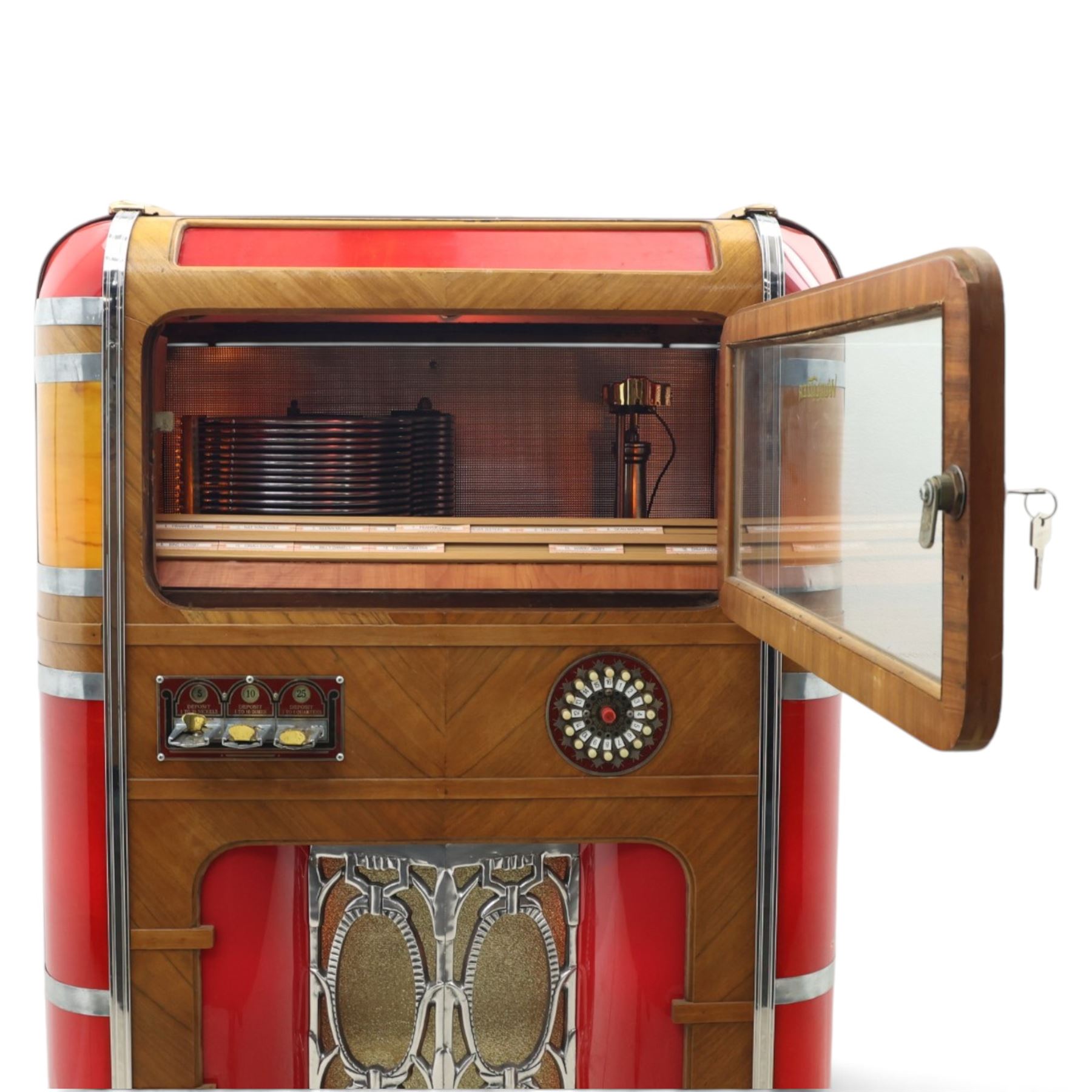 Rudolf Wurlitzer Company - Model 616 'Simplex' 1937 jukebox, figured walnut veneered cabinet with illuminated red and amber side panels enclosed by chromed uprights, glazed upper record compartment, cast Art Deco speaker grille, coin-operated push-button selection panel with circular title index, raised on a moulded base