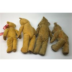 Four English teddy bears 1930s-50s including two Chiltern and two others, one with brown stitched nose (4)