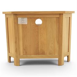 Modern oak living room set comprising; a small side cabinet, corner TV stand and coffee table, cabinet with single drawer and cabinet, finished with metal handles (H 80cm, D 32cm, W 80cm), TV stand with open recess and rear aperture for wires, above nine drawers with chrome pulls (H 62cm, D 50cm, W 84cm)  coffee table with curved edges and full length undertier (H 50cm, D 60cm, W 90cm)  
