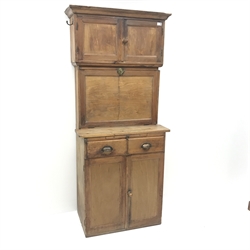 1920s Quicksey kitchen cabinet, two cupboards above fall front enclosing fitted interior, two drawers and two cupboards, W78cm, H181cm, D44cm
