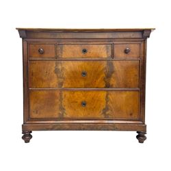 19th century French figured mahogany and walnut chest, rectangular top over three short and two long drawers, on turned feet