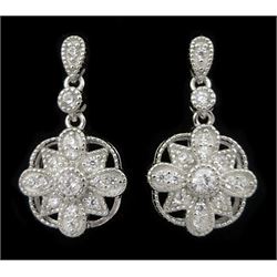 Pair of silver cubic zirconia flower cluster pendant earrings, stamped 925 