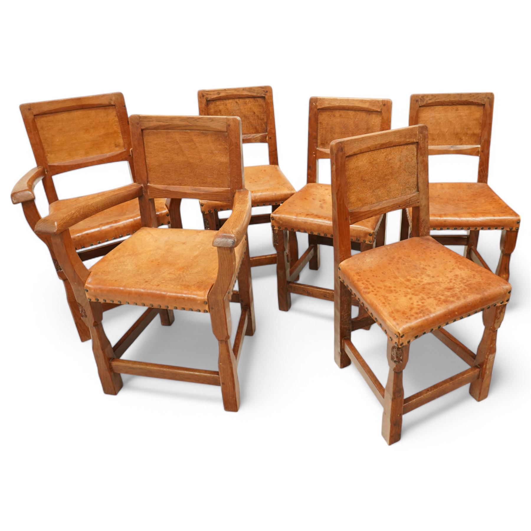 Gnomeman - set of six (4+2) oak dining chairs with panelled backs, by Thomas Whittaker, Littlebeck, Whitby