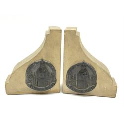 Pair of bookends, Houses of Parliament Portland stone with bosses made from the lead, reading 'Houses of Parliament London 1941'