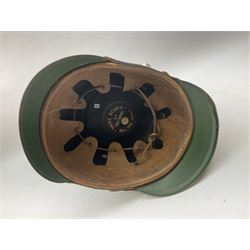 WW2 German rural police shako with helmet plate and liner; bears label 'Hans Romer Echt Fiber-Tschako Neu-Ulm (Donau)'