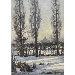 Marie Hartley (Yorkshire 1905-2006): 'Three Poplars in Winter from Owen Bowen's House', oil on canvas signed, titled on printed label verso 34cm x 24cm