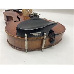 Early 20th century German three-quarter size violin with 33.5cm maple back and ribs and spruce top; L55.5cm overall; in modern fitted case with purple bow