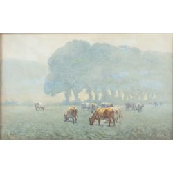 J Hall (British 19th Century): Summer Evening with Cows Grazing in a Pasture, watercolour ...