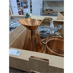 Quantity of metalware, including copper jug and bucket with ceramic handles, silver plated tea wares, souvenir spoons, etc