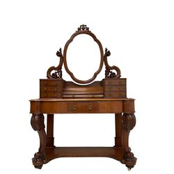 Victorian mahogany Duchess dressing table, fitted with multiple drawers and swing mirror, on acanthus carved cabriole supports with scroll carved terminals 