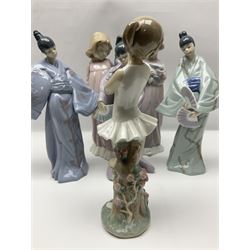 Eight of Nao figures, to include three oriental figures, three ballerinas etc, largest examples H33cm  