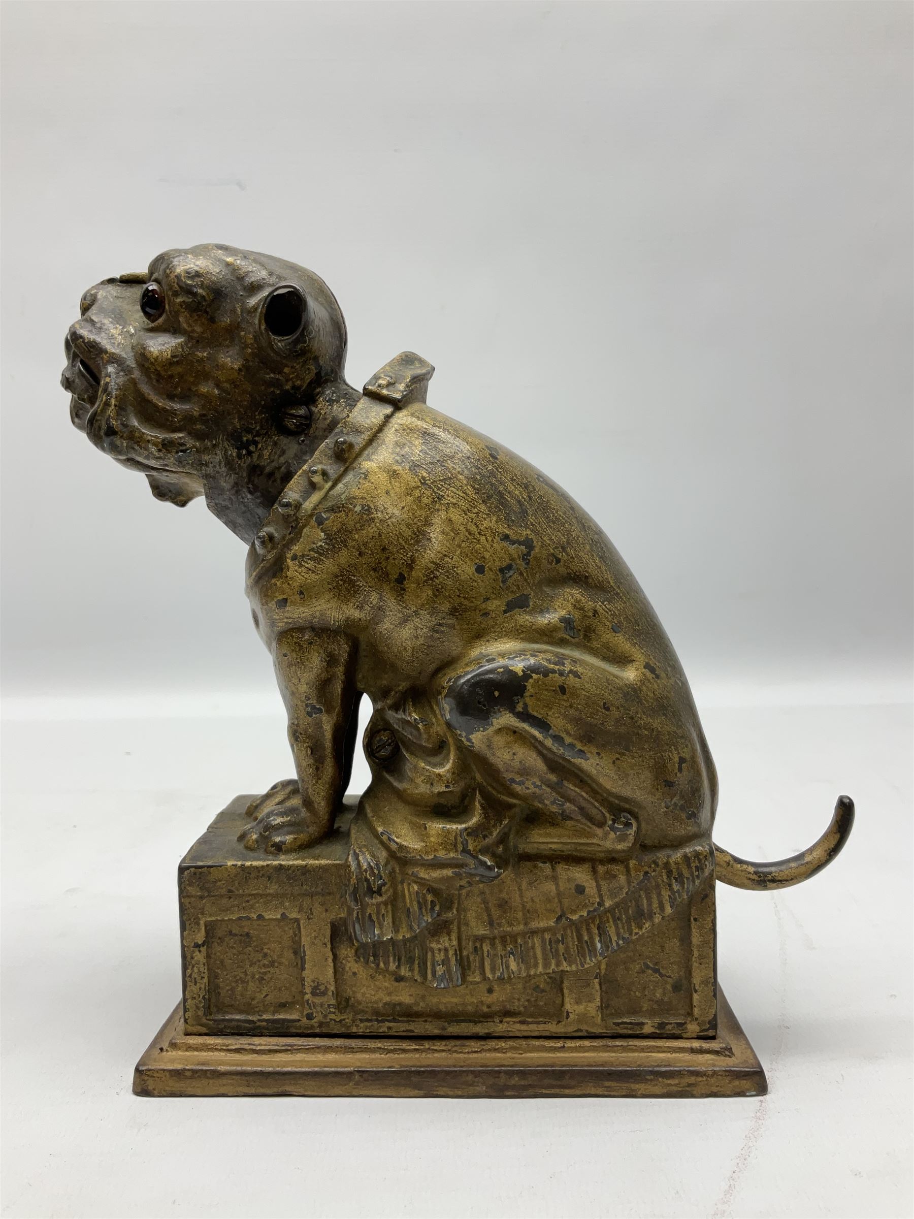 Late 19th century cast-iron mechanical money bank 'Bulldog Bank' by J & E Stevens with coin-on-nose action; patented 27th April 1880 H19.5cm
