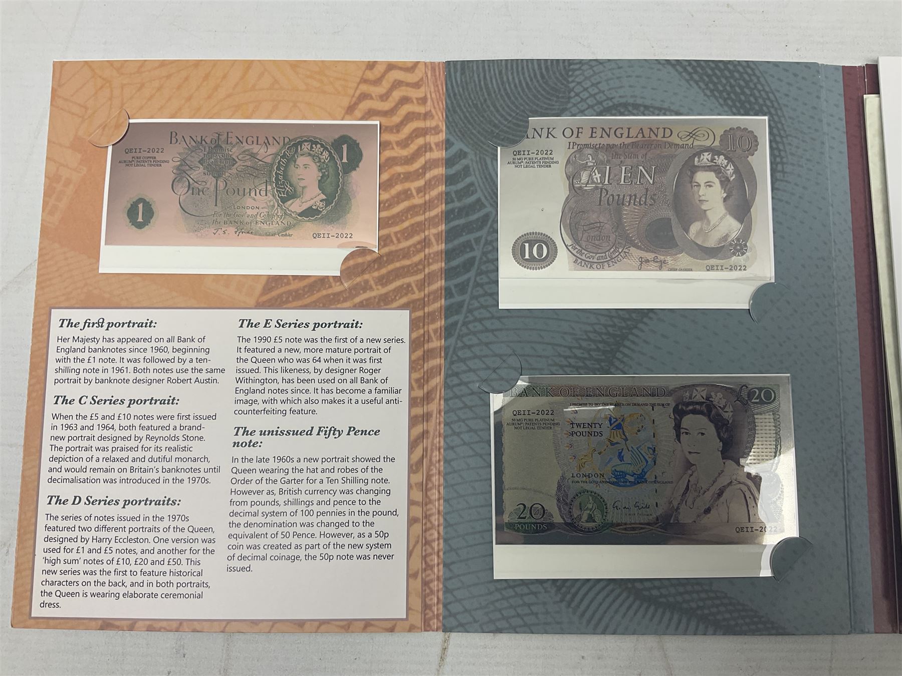 Queen Elizabeth II 'The Platinum Jubilee Banknote Collection' including 2022 'The Unissued Fifty Pence Banknote Gold Coin', housed in official card folder with certificates