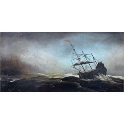 Style of Willem van de Velde the Younger (Dutch 1633-1707): Ship in Storm Conditions, oil on panel bearing initials 8cm x 16cm