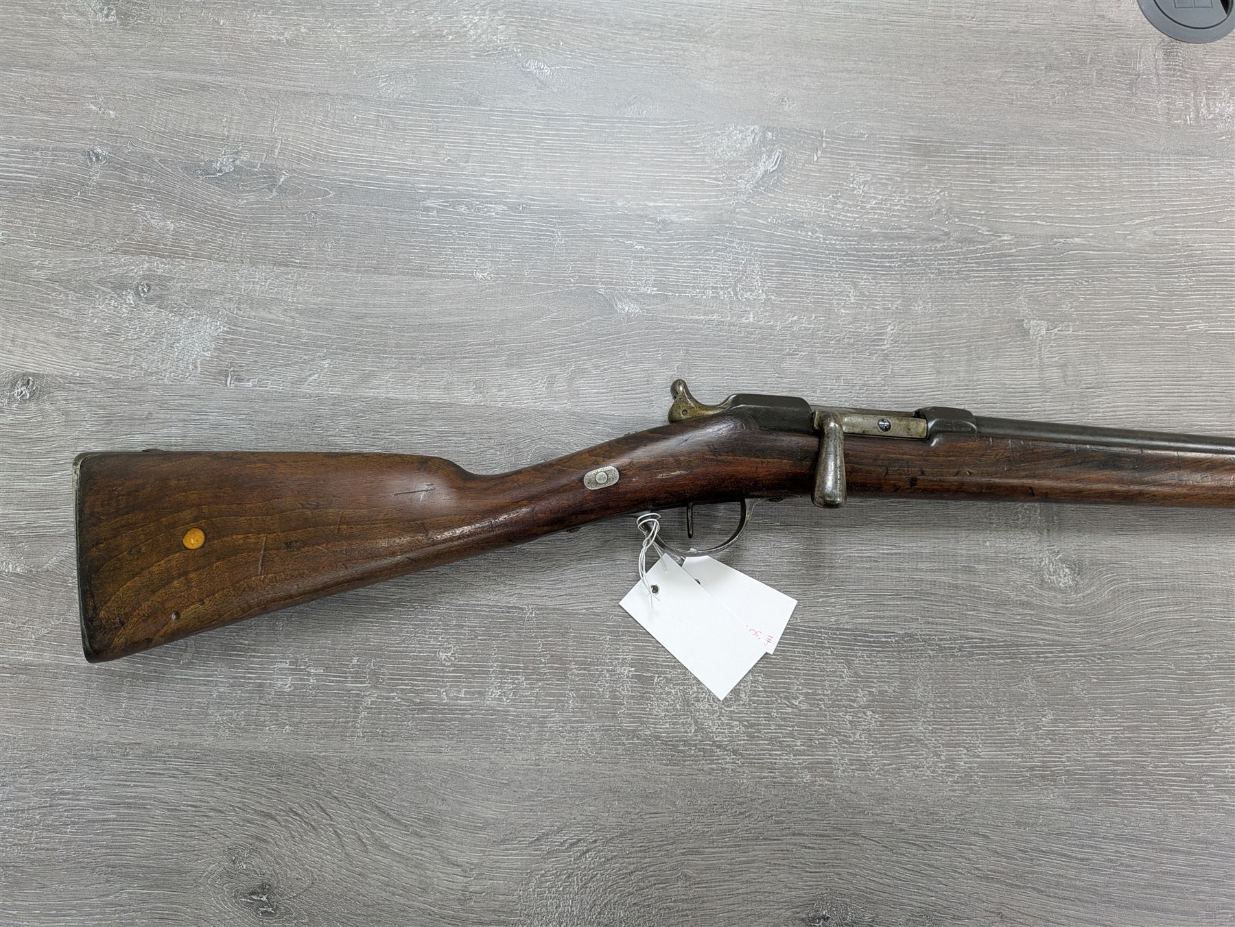 19th century Belgian Gras 12-bore (from 11-bore) bolt-action single barrel shotgun with 80cm barrel No.G85345 L127cm overall. Deactivated to early specification so requires re-deactivation to modern standards RFD ONLY - Disposed 25.06.25 - Notified 24.07.25