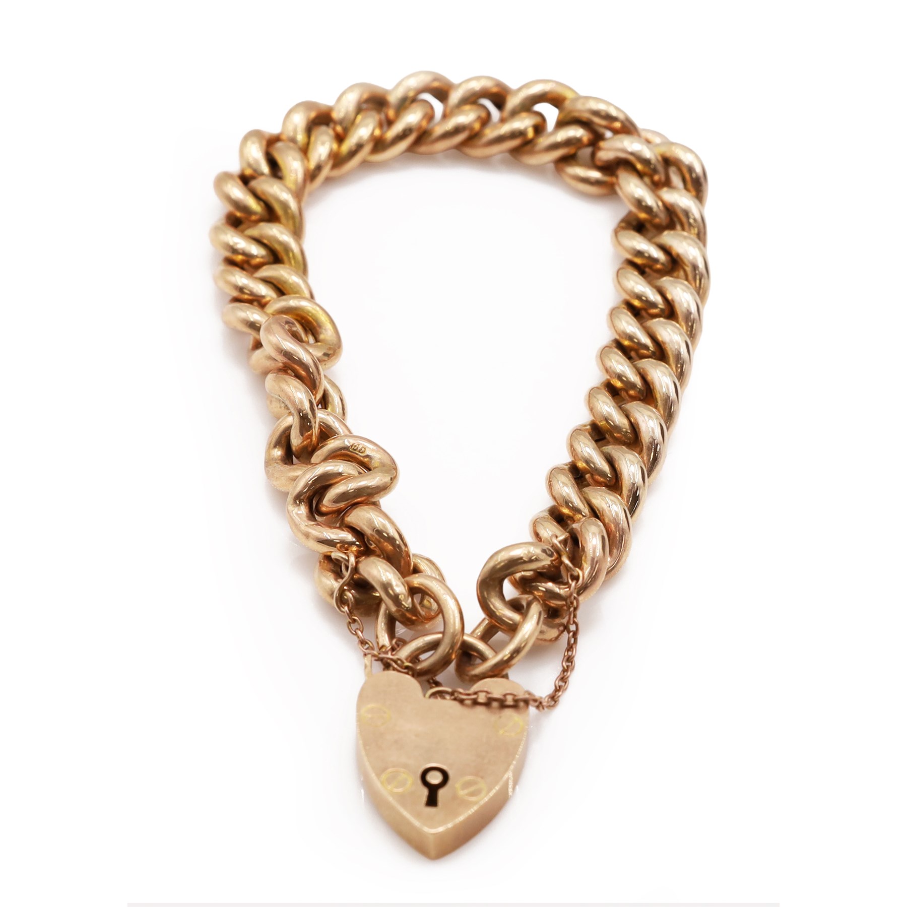 Early 20th century 9ct rose gold curb link bracelet, with heart locket clasp, links stamped