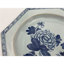 Late 18th century Delftware dish of elongated octagonal form, painted in blue with a large chrysanthemum bloom and trees within diaper border, W33cm L24cm