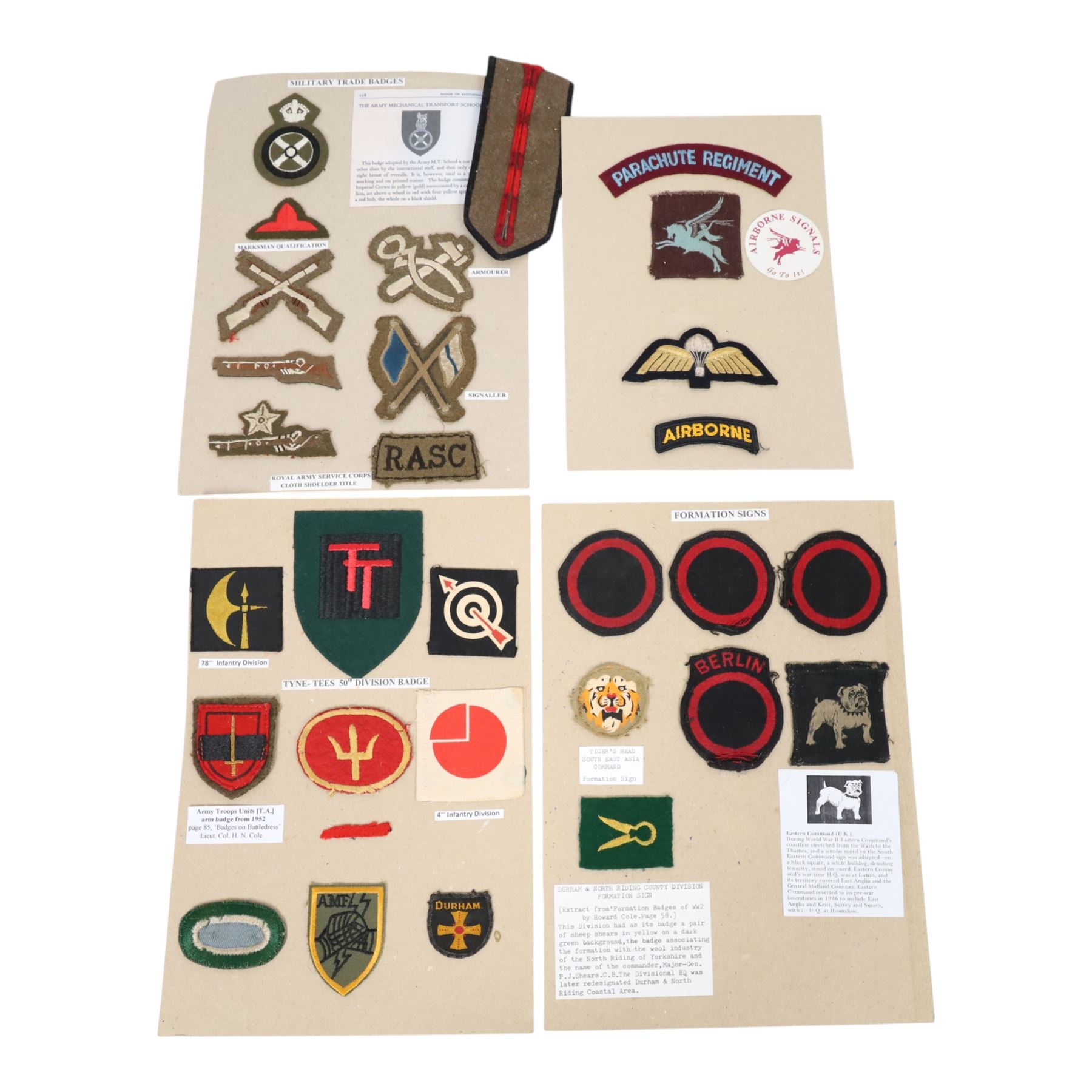 WWII Parachute Regiment cloth badges, including shoulder badge and Pegasus badge, together with military trade badges, formation signs etc   