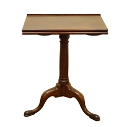  George IIl mahogany reading table, hinged top with adjustable stay, and candle stands, the single plain turned adjustable column supports on three cabriole legs, W62cm, H77cm, D43cm  