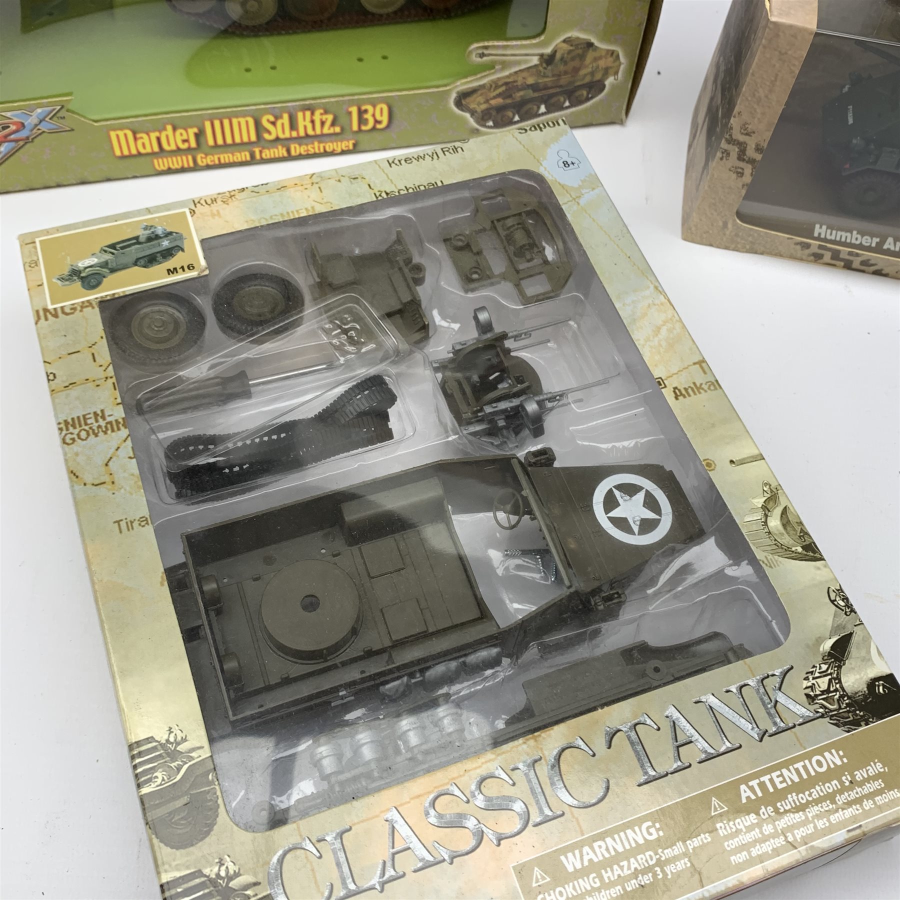 Atlas Editions - four die-cast models of military vehicles and NewRay Classic Tank construction kit, all in unopened boxes; two other construction kits of military vehicles; two boxed WW2 German tank Destroyers etc