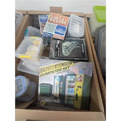 Collection of modelling equipment, kits, accessories, loose lego, including Games Workshop Warhammer 40000, military figures, etc, in four boxes, 