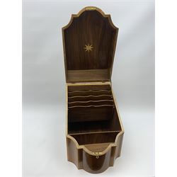 A large mahogany Georgian style serpentine fronted box, the hinged cover opening to reveal a compartmented interior with letter dividers, H37.5cm L28.5cm D37cm. 
