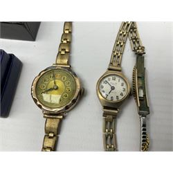 Two ladies wristwatches, each with 9ct gold back cases, on gilt straps, a silver J.W.Benson pocket watch with subsidiary seconds dial, 9ct gold stone set openwork pendant and brooch, 9ct gold filled bangle, silver jewellery, wristwatches and costume jewellery