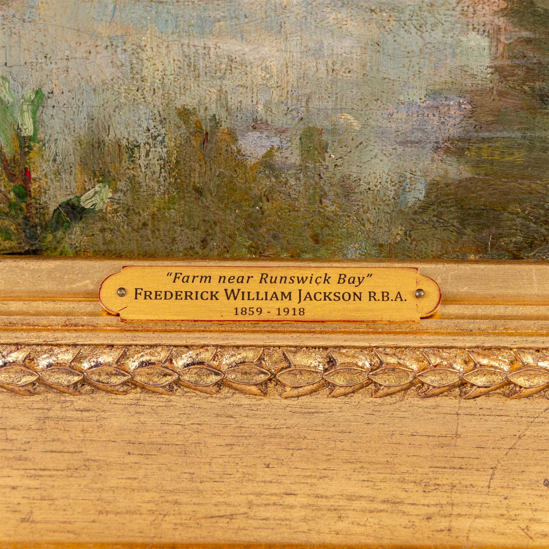 Frederick William Jackson (Staithes Group 1859-1918): 'Farm near Runswick Bay', oil on canvas signed, titled on plaque 45cm x 73cm 
Provenance: exh. Walker Galleries, Harrogate, label verso