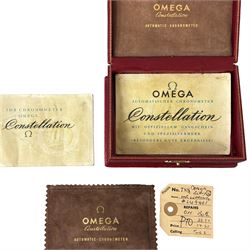Omega Constellation gentleman's gold capped and stainless steel bumper automatic chronometer wristwatch, Cal. 354, champagne dial with dart hour markers, on brown leather strap, boxed with papers dated 1955