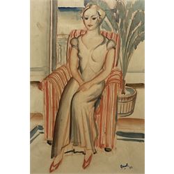 Attrib. Duncan Grant (British 1885-1978): Portrait of a Seated Lady, watercolour signed and dated '33, 31cm x 20cm