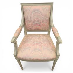 Set of two French design fauteuil armchairs upholstered in pink fabric, one with oval medallion back and padded arms on fluted tapering supports (H 97cm, W 58cm, D 54cm), the other with rectangular padded back, scroll arms and fluted tapering supports (H 99cm, W 60cm, D 60cm)