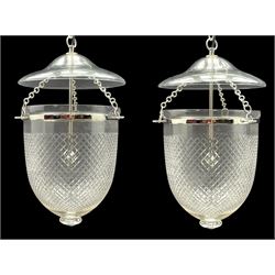 India Jane Interiors - pair of glass hallway lanterns, hobnail glass bell shaped jar, wide shaped glass dish, silvered metal chains and band with single branch 