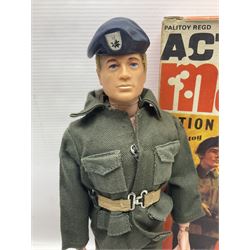 Palitoy Action Man Action Soldier No.34014 with tunic, belt, trousers, boots, blue beret and sten gun; in original box; and Palitoy Action Man Royal Military Policeman (RMP) gripping hands figure, marked 'Made in England by Palitoy under licence from Hasbro © 1964' to rear of torso; with tunic, shirt, trousers, tie, boots, belt, truncheon, pistol in holster, MP armband, red cap, Sterling machine gun and other clothing etc; in anrelated display box (2)