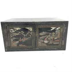 Chinoiserie back lacquered cabinet, two doors, images picturing Eastern rural scene, W84cm, H41cm, D51cm