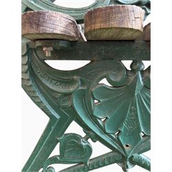 Coalbrookdale - Lily Pad design cast iron an wood slatted garden bench, late 19th century Aesthetic Movement, no. 217569, painted in green with iron centre support and seat stretcher, hardwood slatted