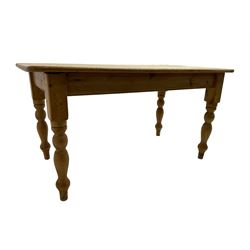 Traditional pitch pine farmhouse table, rectangular top raised on turned supports