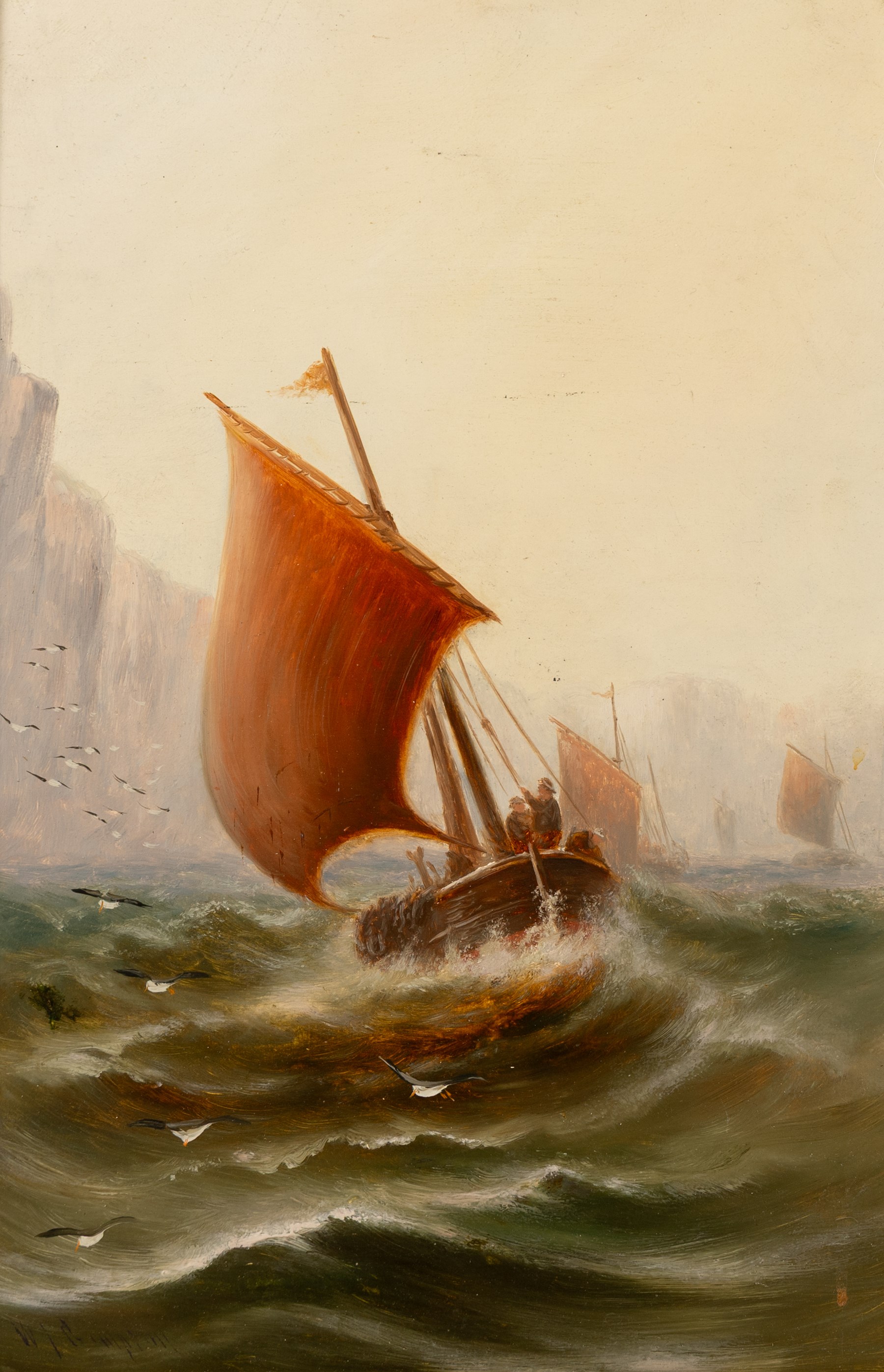 William James Smith Crampton (British 1855-1935): Fishing Vessels on Misty Waters, pair oils on board signed, in matching frames 45cm x 30cm (2)