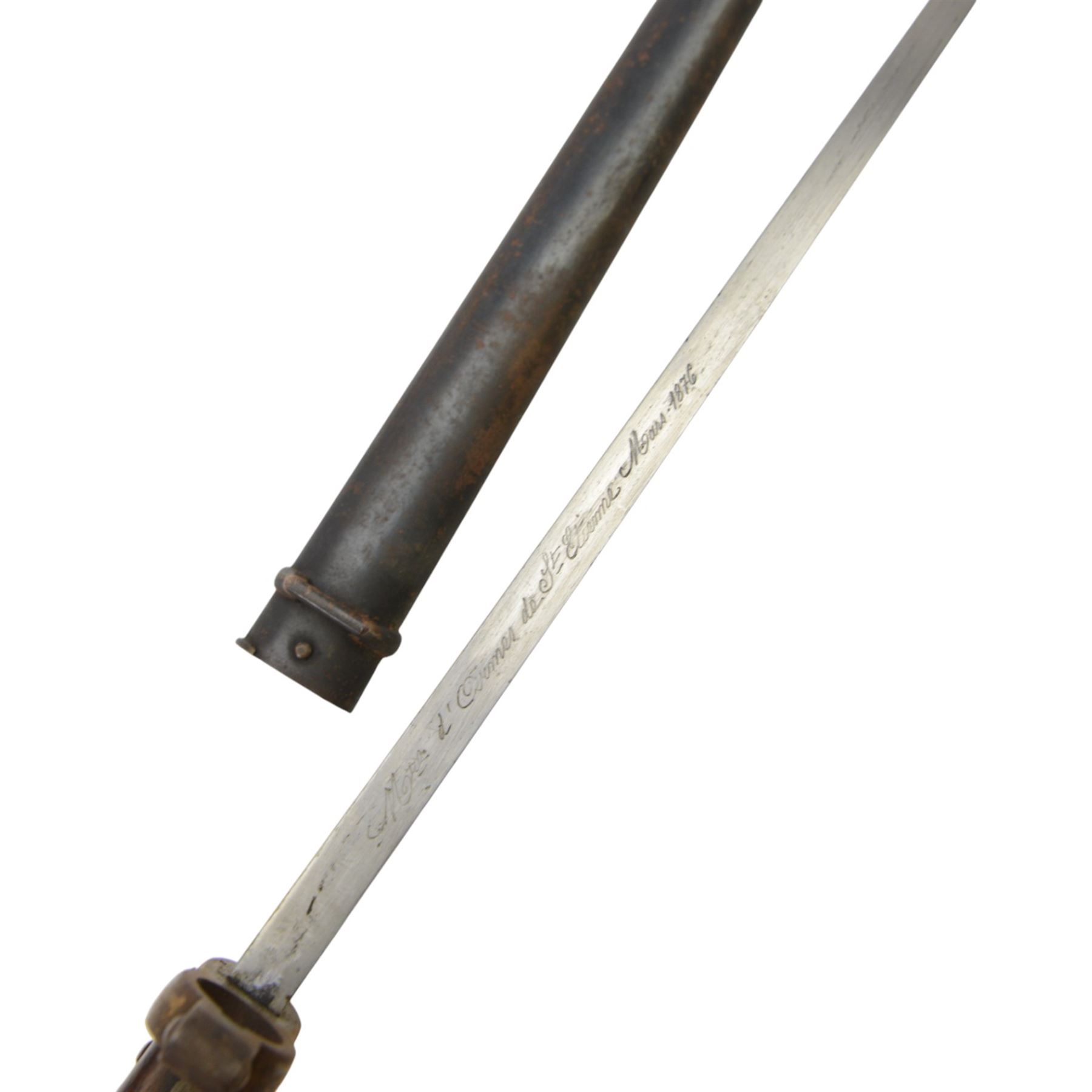 French chassepot bayonet the spine engraved St. Etienne, Mass 1876, with matching scabbard and another French chassepot engraved 1877, with matching scabbard 