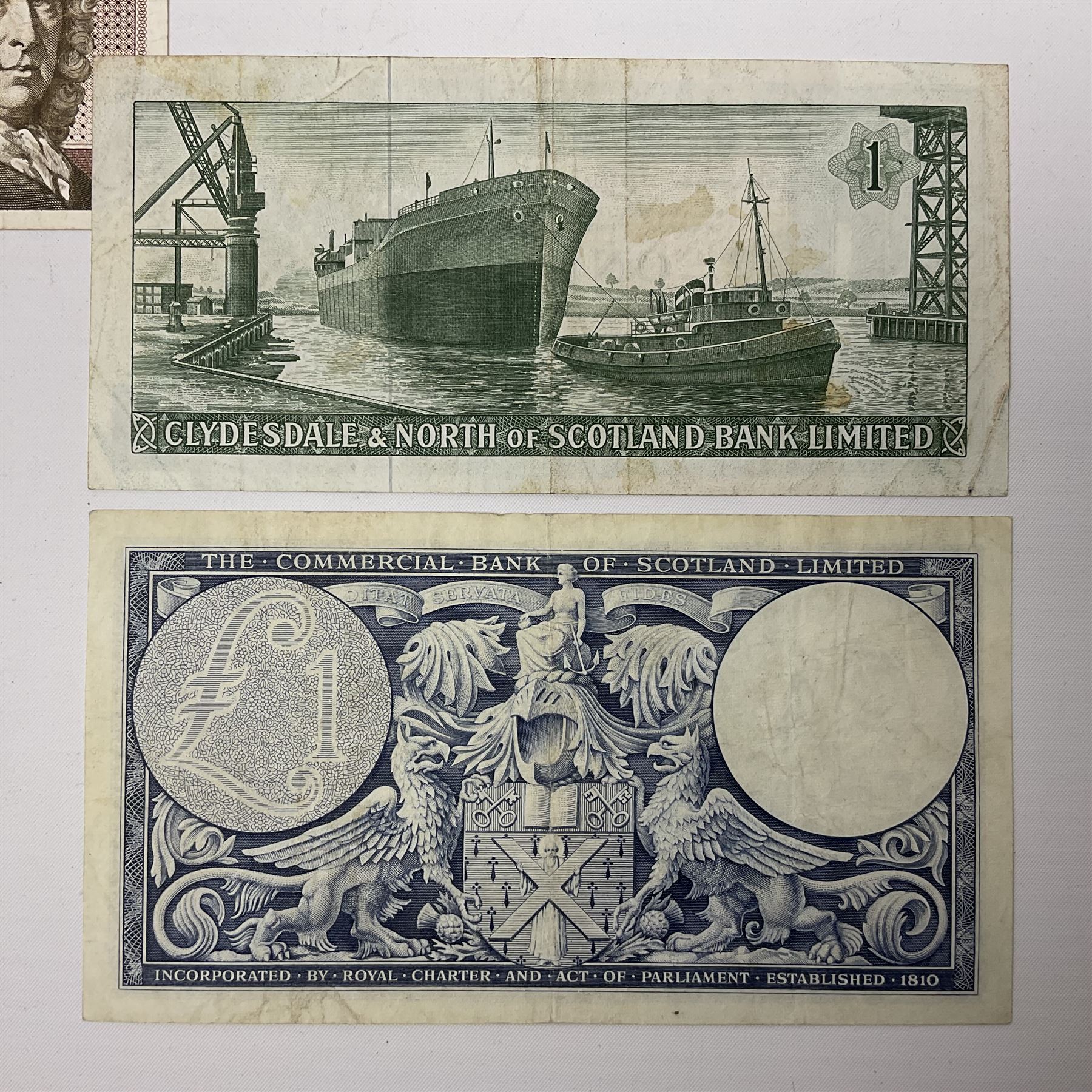 Irish and Scottish banknotes to include Bank of Ireland 5 January 1939 ‘B15’ one pound, two Bank of Scotland 1964 ‘AD07’ and ‘AF05’ one pound notes, one 1966 ‘CQ77’ one pound, and further notes from Clydesdale Bank, National Commercial Bank of Scotland Ltd. etc, housed in plastic sleeves