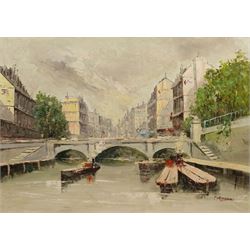 Marangoni (Italian 20th century): City River Scene, oil on canvas signed 49cm x 69cm